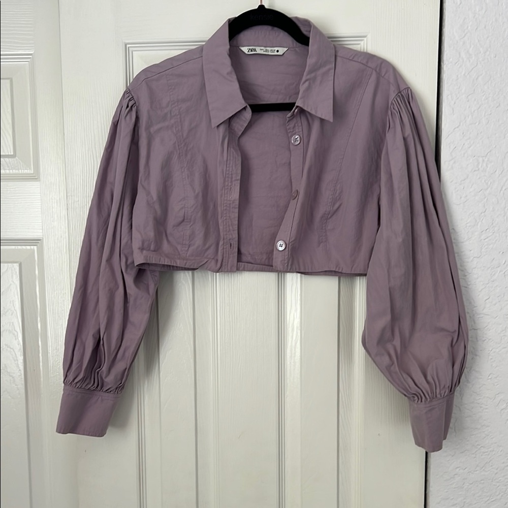 Zara Purple Notched Collar Cropped Button Down